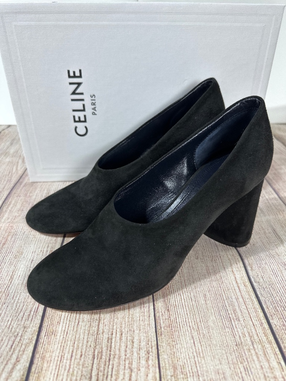 Authentic Céline Black Suede High-Vamp Block Heel Pumps